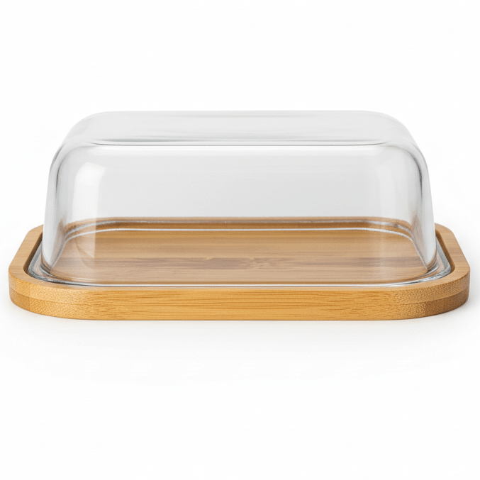 AKDC Rectangular Glass Butter Dish with Wooden Base – Premium Butter Keeper with Natural Wooden Base for Kitchen Use 21×16 cm - Al Kabayel Discount CentreAKDC Rectangular Glass Butter Dish with Wooden Base – Premium Butter Keeper with Natural Wooden Base for Kitchen Use 21×16 cmserving traysAKDCAl Kabayel Discount Centre