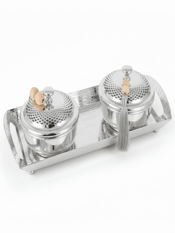 AKDC Rectangular Metal Tray with 2 Candy Bowls – Elegant Silver Finish, Complete Serving Set, 34 × 14 × 10 cm - Al Kabayel Discount CentreAKDC Rectangular Metal Tray with 2 Candy Bowls – Elegant Silver Finish, Complete Serving Set, 34 × 14 × 10 cmServing TraysAKDCAl Kabayel Discount Centre