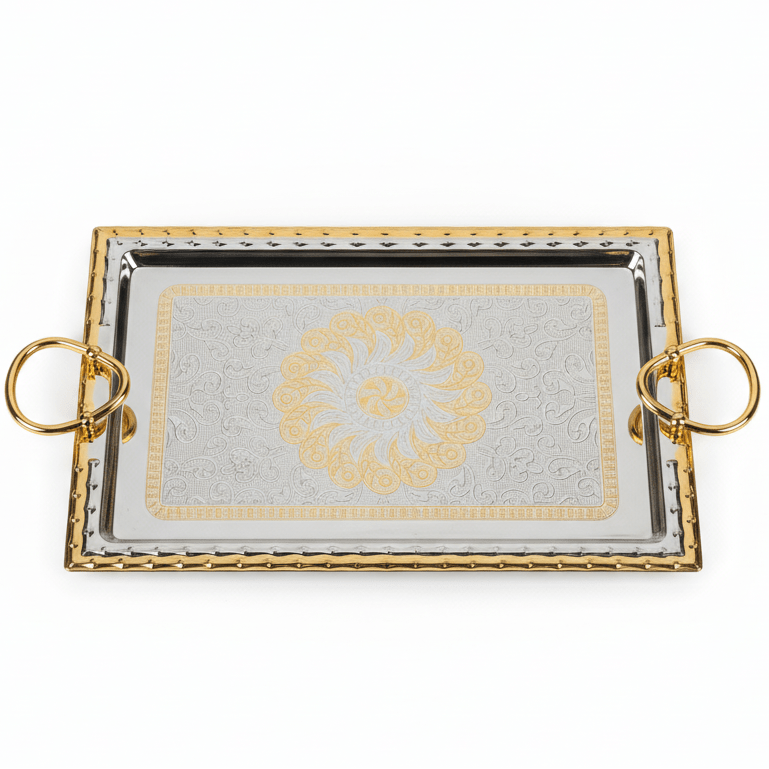 AKDC Rectangular Stainless Steel Serving Tray with Gold Border and Strong Handles, Elegant Food & Drink Serving Tray for Home, Kitchen, Hotel & Parties – 41 × 28 cm - Al Kabayel Discount CentreAKDC Rectangular Stainless Steel Serving Tray with Gold Border and Strong Handles, Elegant Food & Drink Serving Tray for Home, Kitchen, Hotel & Parties – 41 × 28 cmServing TraysAKDCAl Kabayel Discount Centre