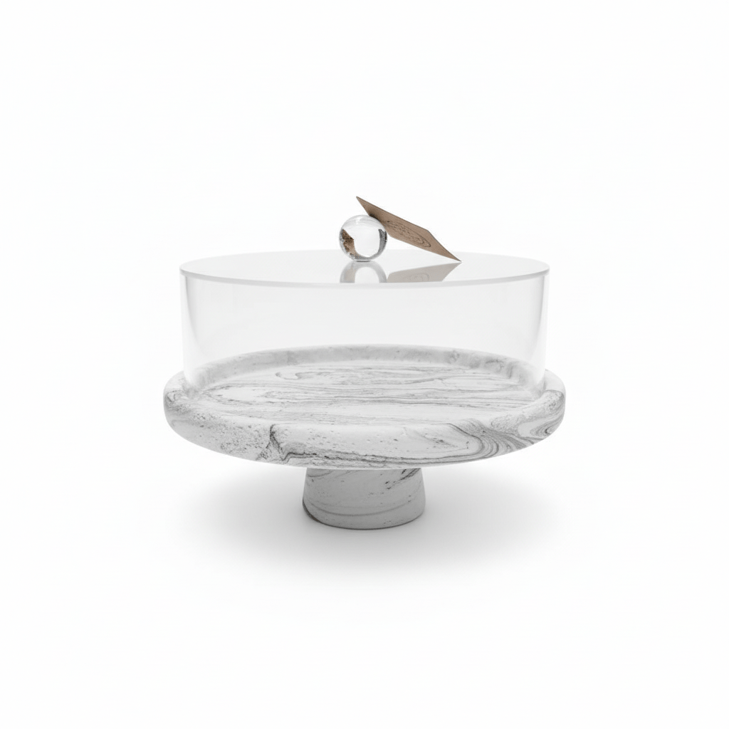AKDC Round Cake Serving Tray with Acrylic Lid – White Plaster of Paris Base with Premium Silver Finish (24 × 17 cm) - Al Kabayel Discount CentreAKDC Round Cake Serving Tray with Acrylic Lid – White Plaster of Paris Base with Premium Silver Finish (24 × 17 cm)Serving TraysAKDCAl Kabayel Discount Centre
