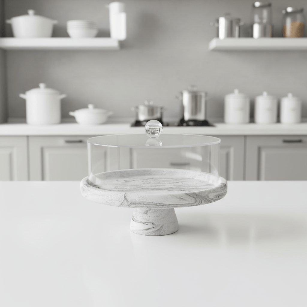 AKDC Round Cake Serving Tray with Acrylic Lid – White Plaster of Paris Base with Premium Silver Finish (24 × 17 cm) - Al Kabayel Discount CentreAKDC Round Cake Serving Tray with Acrylic Lid – White Plaster of Paris Base with Premium Silver Finish (24 × 17 cm)Serving TraysAKDCAl Kabayel Discount Centre