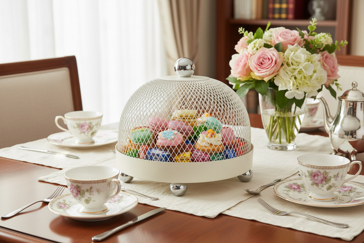 AKDC Round Metal Candy Tray with Mesh Dome Lid - 20cm × 18cm, Ivory