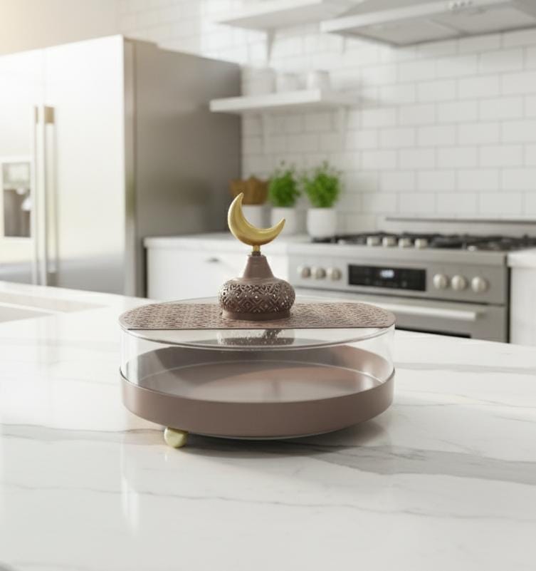 AKDC Round Metal Serving Tray with Acrylic Lid 28×20×10 cm – Premium Brown Finish Ramadan Special Collection - Al Kabayel Discount CentreAKDC Round Metal Serving Tray with Acrylic Lid 28×20×10 cm – Premium Brown Finish Ramadan Special CollectionServing TraysAKDCAl Kabayel Discount Centre