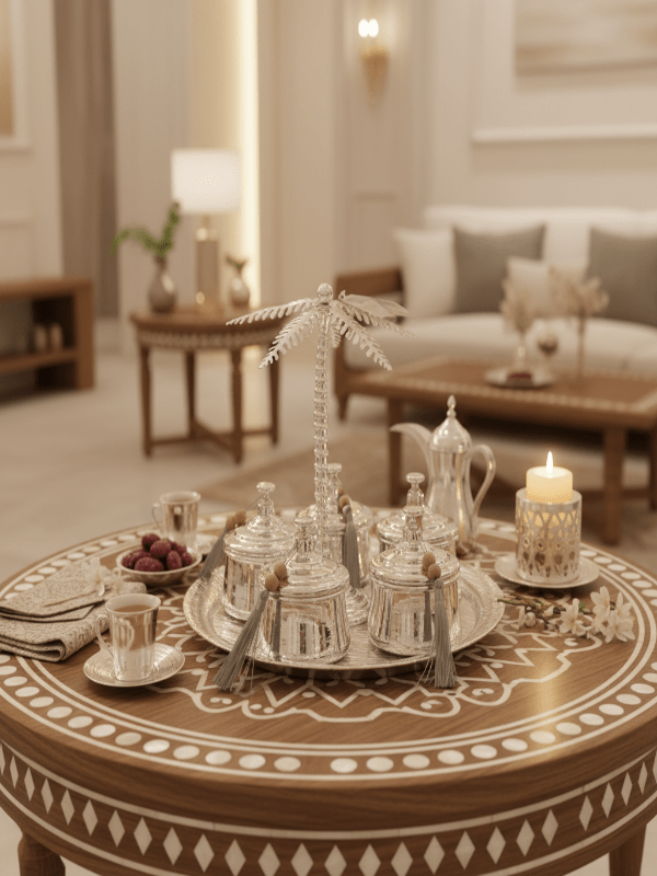 AKDC Round Metal Tray with 4 Candy Bowls – Premium Silver Finish, Complete Sweet Serving Set, 35 × 29 cm - Al Kabayel Discount CentreAKDC Round Metal Tray with 4 Candy Bowls – Premium Silver Finish, Complete Sweet Serving Set, 35 × 29 cmServing TraysAKDCAl Kabayel Discount Centre