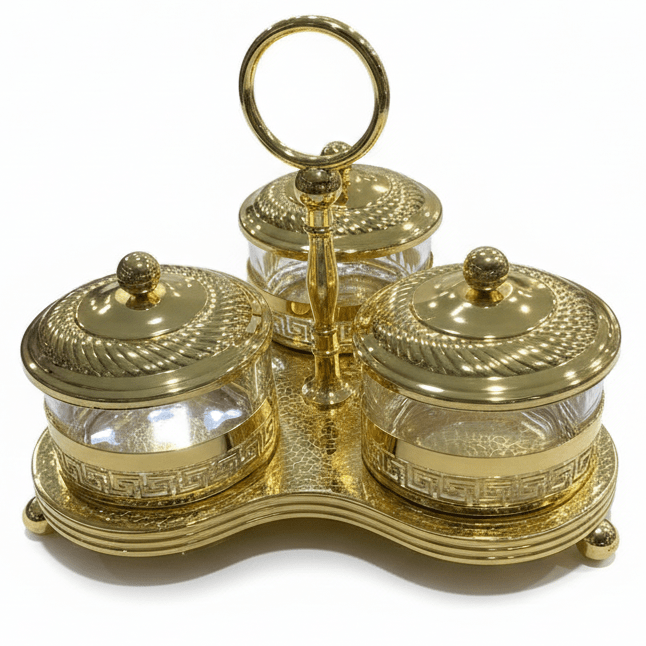 AKDC Royal Gold 3 - Piece Candy & Condiment Jar Set | Ornate Metal & Glass | 20×15 cm - Al Kabayel Discount CentreAKDC Royal Gold 3 - Piece Candy & Condiment Jar Set | Ornate Metal & Glass | 20×15 cmJars & Food SaversAKDCAl Kabayel Discount Centre