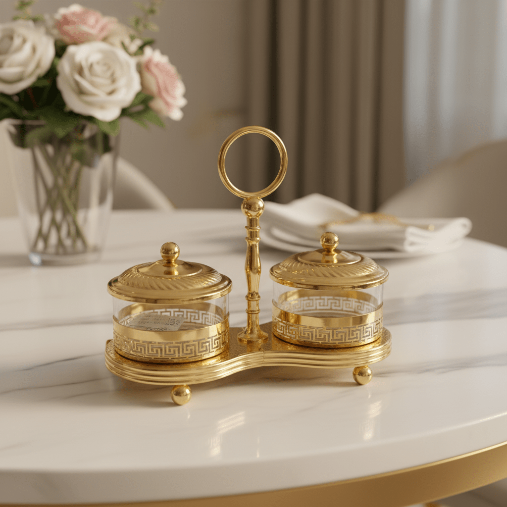 AKDC Royal Gold Candy Pot Set | Ornate 2 - Piece Glass & Metal Confectionery Jars | 20×15 cm - Al Kabayel Discount CentreAKDC Royal Gold Candy Pot Set | Ornate 2 - Piece Glass & Metal Confectionery Jars | 20×15 cmJars & Food SaversAKDCAl Kabayel Discount Centre