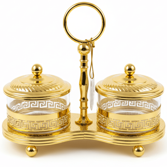 AKDC Royal Gold Candy Pot Set | Ornate 2 - Piece Glass & Metal Confectionery Jars | 20×15 cm - Al Kabayel Discount CentreAKDC Royal Gold Candy Pot Set | Ornate 2 - Piece Glass & Metal Confectionery Jars | 20×15 cmJars & Food SaversAKDCAl Kabayel Discount Centre