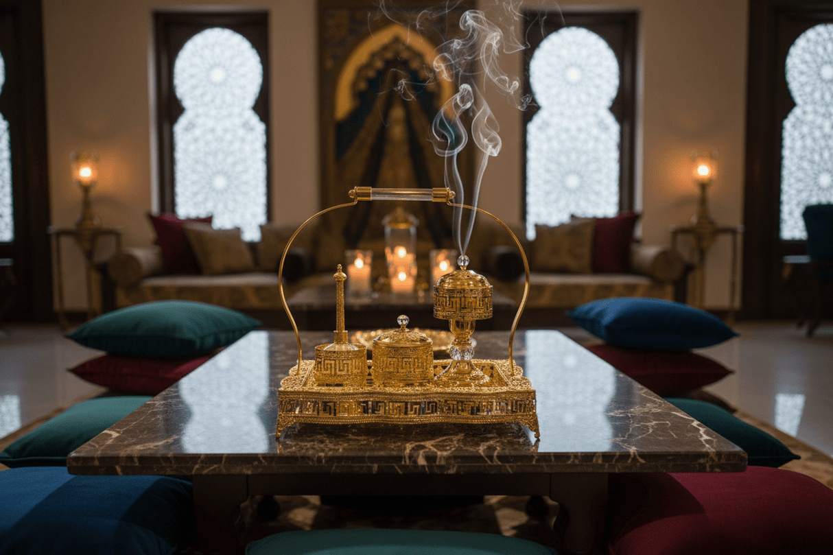 AKDC Royal Majlis Rectangular Golden Incense Burner Set | Ornate Metal & Glass Bakhoor Tray Set | 35×25cm | Luxury Arabic Home Fragrance Collection - Al Kabayel Discount CentreAKDC Royal Majlis Rectangular Golden Incense Burner Set | Ornate Metal & Glass Bakhoor Tray Set | 35×25cm | Luxury Arabic Home Fragrance CollectionIncense BurnerAKDCAl Kabayel Discount Centre