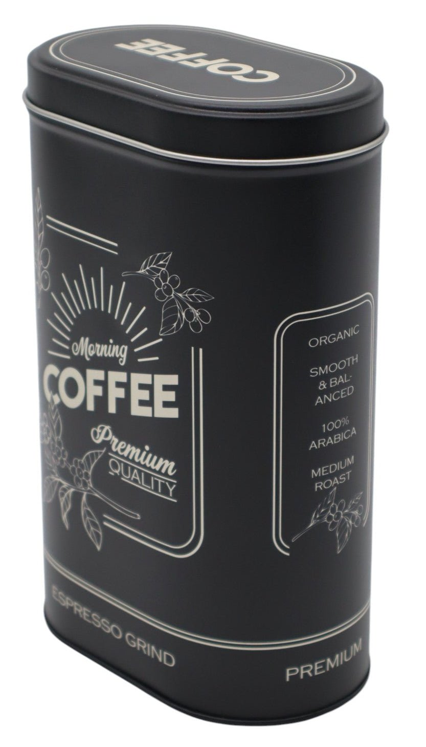 AKDC Small Oval Black Metal Coffee Canister with Coffee Logo – Compact and Stylish Storage Container, 19×12×7 cm - Al Kabayel Discount CentreAKDC Small Oval Black Metal Coffee Canister with Coffee Logo – Compact and Stylish Storage Container, 19×12×7 cmJars & Food SaversAKDCAl Kabayel Discount Centre