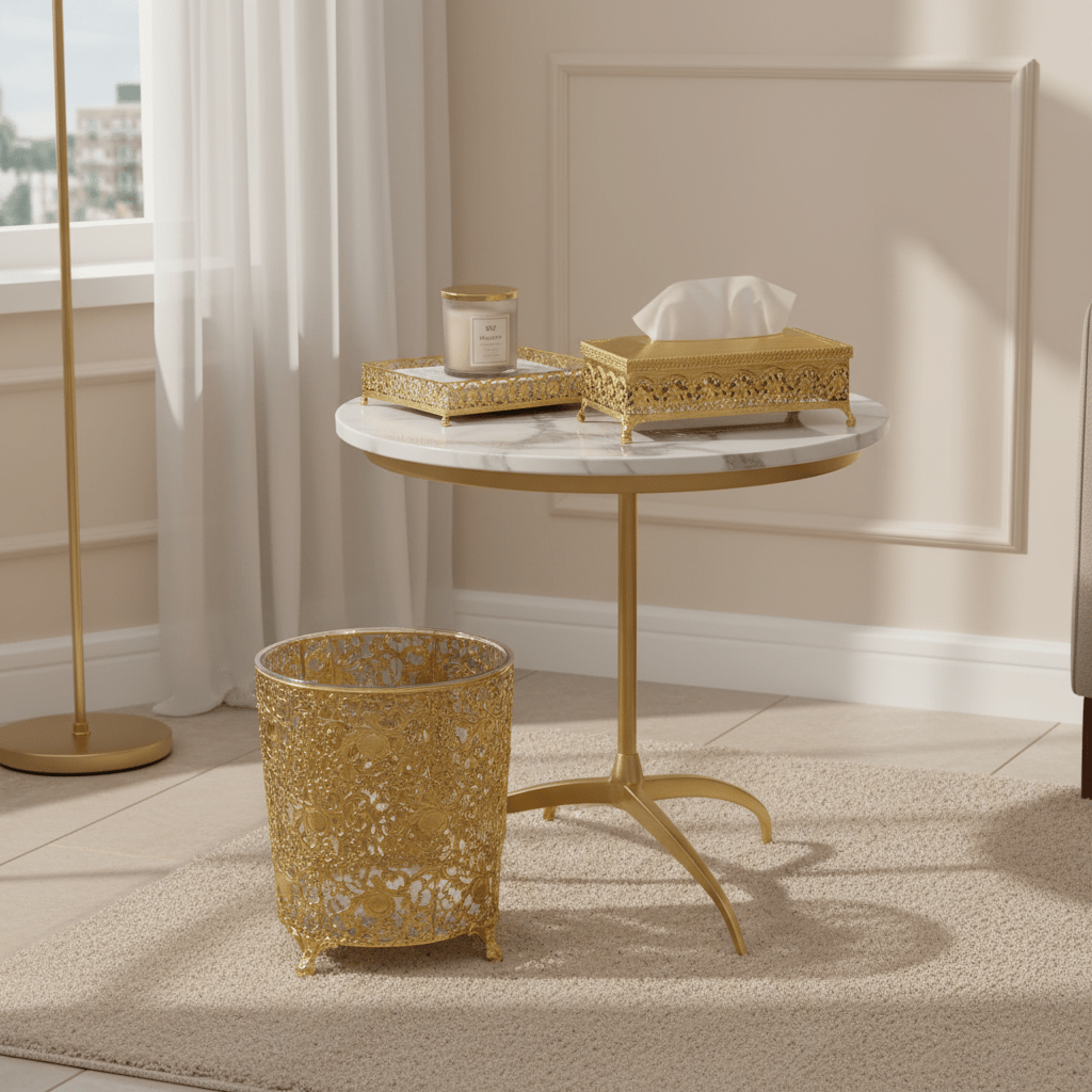 AKDC Space - Saving Acrylic Waste Bin and Tissue Holder Set with Elegant Gold Base for Modern Interiors – Dustbin 27×22 cm, Tissue Box 26×13 cm - Al Kabayel Discount CentreAKDC Space - Saving Acrylic Waste Bin and Tissue Holder Set with Elegant Gold Base for Modern Interiors – Dustbin 27×22 cm, Tissue Box 26×13 cmOrganizers & AccessoriesAKDCAl Kabayel Discount Centre