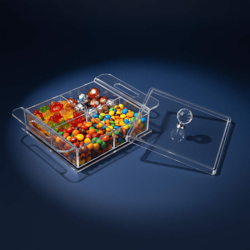 AKDC Square Clear Acrylic 4 Section Candy Organizer Box with Lid Multipurpose Storage Container 24x24x6 cm - Al Kabayel Discount CentreAKDC Square Clear Acrylic 4 Section Candy Organizer Box with Lid Multipurpose Storage Container 24x24x6 cmServing TraysAKDCAl Kabayel Discount Centre