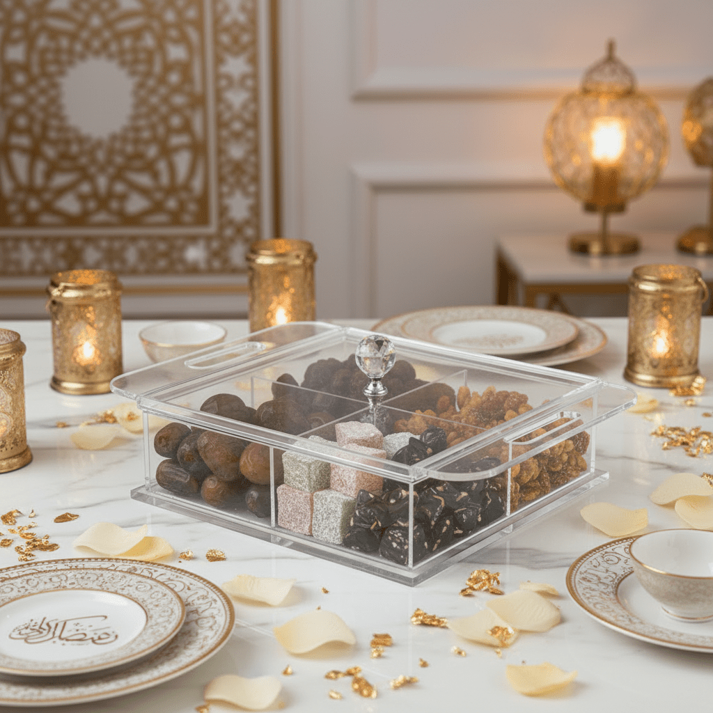 AKDC Square Clear Acrylic 4 Section Candy Organizer Box with Lid Multipurpose Storage Container 24x24x6 cm - Al Kabayel Discount CentreAKDC Square Clear Acrylic 4 Section Candy Organizer Box with Lid Multipurpose Storage Container 24x24x6 cmServing TraysAKDCAl Kabayel Discount Centre