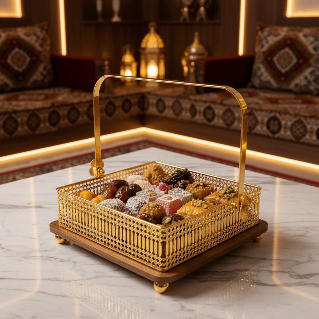 AKDC Square Wooden Candy Tray with Golden Metal Base and Handle for Serving Sweets & Snacks 25 cm - Al Kabayel Discount CentreAKDC Square Wooden Candy Tray with Golden Metal Base and Handle for Serving Sweets & Snacks 25 cmServing TraysAKDCAl Kabayel Discount Centre