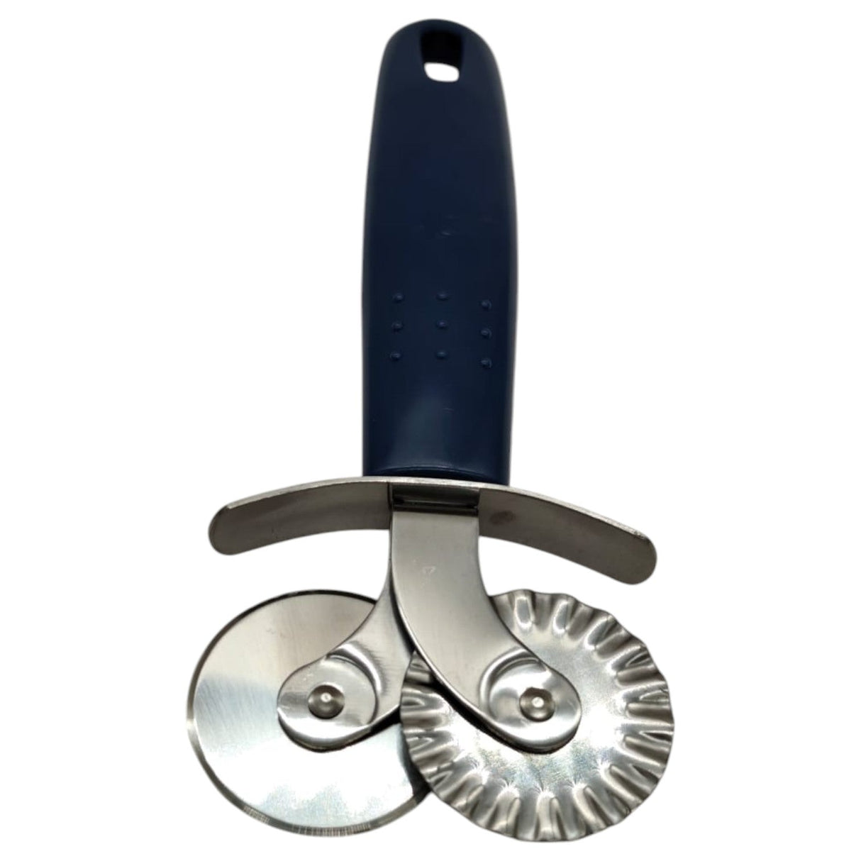 AKDC Stainless Steel Pastry cutter wheel Pasta Maker Cutter Wheel Pie Crust Cutter Premium Double Cutter Wheel Pizza Cutter Perfect for Pasta Crinkle Cuts Biscuits pastry and Ravioli for Home and Kitchen Plastic Handle - 18cmX7cm - Blue&Steel - Al Kabayel Discount CentreAKDC Stainless Steel Pastry cutter wheel Pasta Maker Cutter Wheel Pie Crust Cutter Premium Double Cutter Wheel Pizza Cutter Perfect for Pasta Crinkle Cuts Biscuits pastry and Ravioli for Home and Kitchen Plastic Handle - 18cmX7cm
