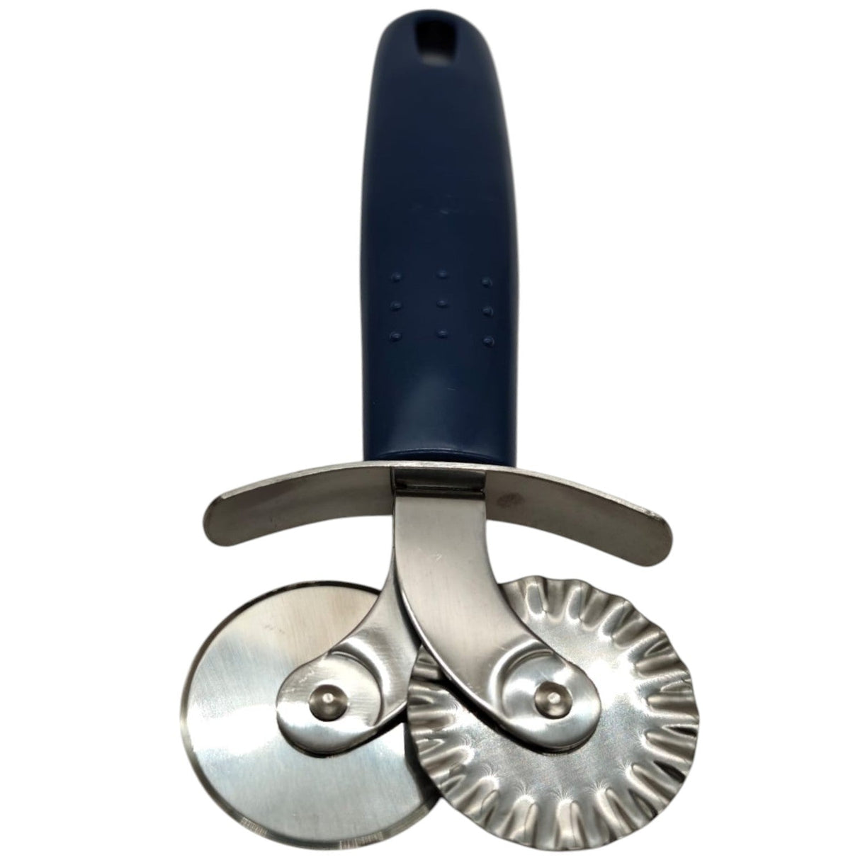 AKDC Stainless Steel Pastry cutter wheel Pasta Maker Cutter Wheel Pie Crust Cutter Premium Double Cutter Wheel Pizza Cutter Perfect for Pasta Crinkle Cuts Biscuits pastry and Ravioli for Home and Kitchen Plastic Handle - 18cmX7cm - Blue&Steel - Al Kabayel Discount CentreAKDC Stainless Steel Pastry cutter wheel Pasta Maker Cutter Wheel Pie Crust Cutter Premium Double Cutter Wheel Pizza Cutter Perfect for Pasta Crinkle Cuts Biscuits pastry and Ravioli for Home and Kitchen Plastic Handle - 18cmX7cm
