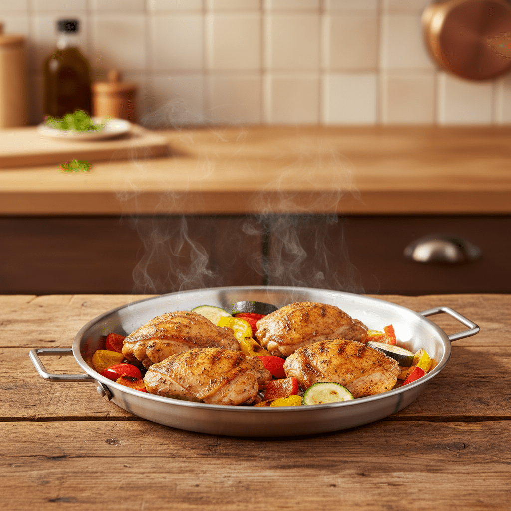 AKDC Stainless Steel Round Grill Pan – 23cm | Ridged Grilling Surface | Dual Handles - Al Kabayel Discount CentreAKDC Stainless Steel Round Grill Pan – 23cm | Ridged Grilling Surface | Dual HandlesServing TraysAKDCAl Kabayel Discount Centre