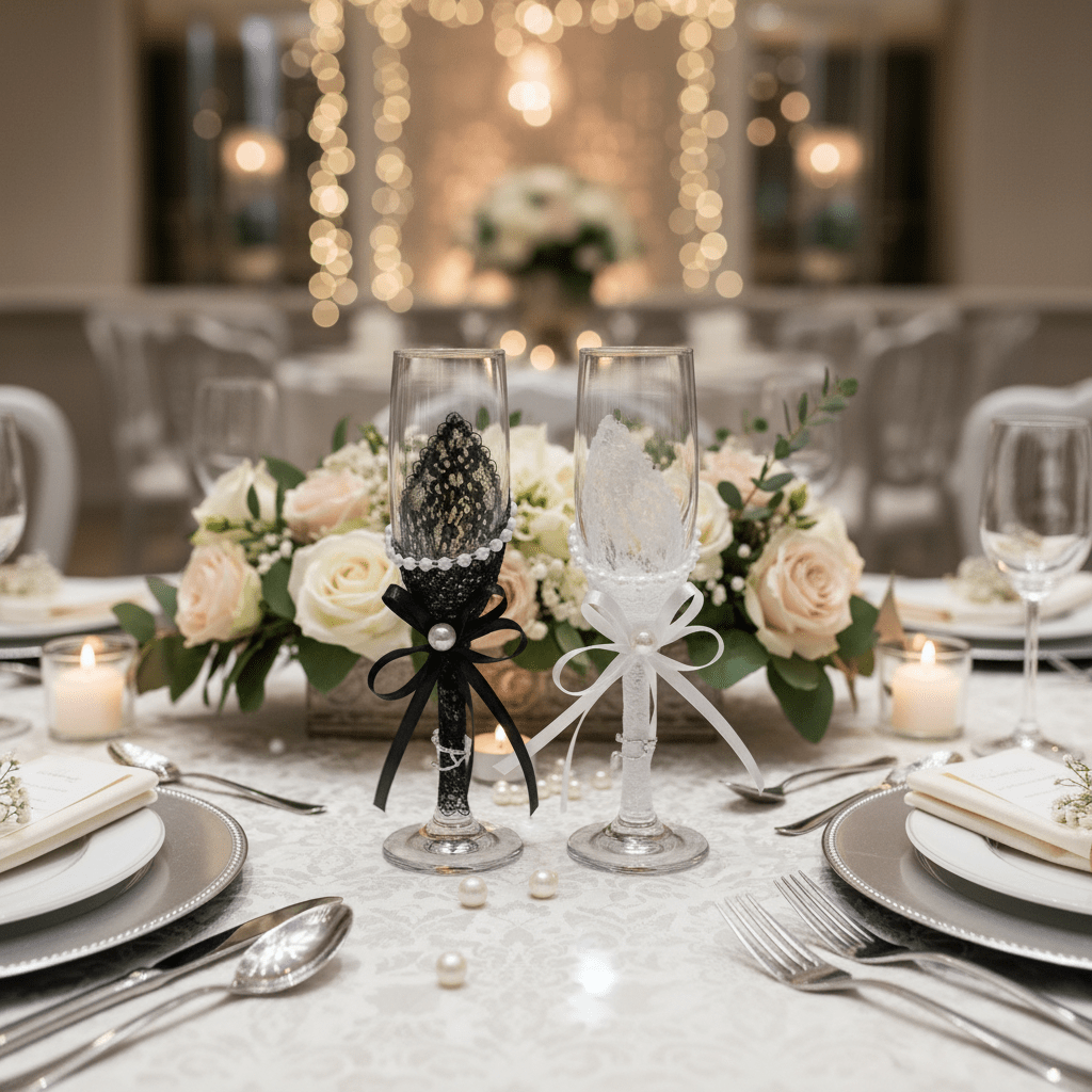 AKDC Wedding Bride & Groom Champagne Flute Glass Set of 2 – White & Black Design - Al Kabayel Discount CentreAKDC Wedding Bride & Groom Champagne Flute Glass Set of 2 – White & Black DesignWine GlassesAKDCAl Kabayel Discount Centre