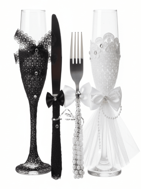 AKDC Wedding Champagne Flute & Cake Server Set – Includes 2 Glasses, Knife & Fork, Black & White - Al Kabayel Discount CentreAKDC Wedding Champagne Flute & Cake Server Set – Includes 2 Glasses, Knife & Fork, Black & WhiteWine GlassesAKDCAl Kabayel Discount Centre