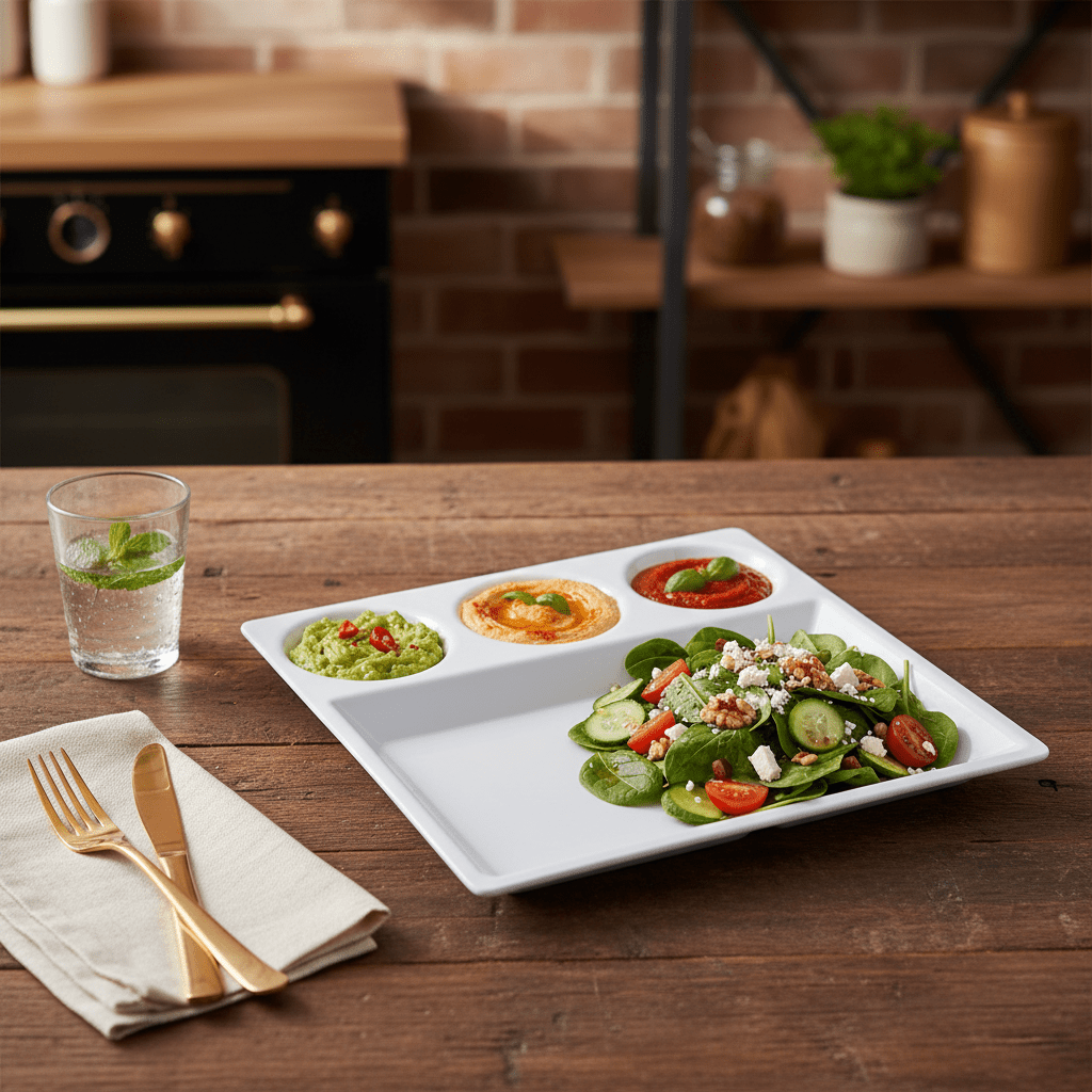 AKDC White Square Melamine 4 Portion Serving Plate 30 cm Multi Section Dining Plate for Home Kitchen and Restaurant Use - Al Kabayel Discount CentreAKDC White Square Melamine 4 Portion Serving Plate 30 cm Multi Section Dining Plate for Home Kitchen and Restaurant UsePlatesAKDCAl Kabayel Discount Centre