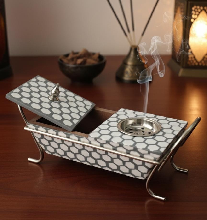 AKDC Wooden Incense Burner with Container & Metal Stand 34x15 cm – White & Gray Modern Handcrafted Aroma Diffuser for Home & Office - Al Kabayel Discount CentreAKDC Wooden Incense Burner with Container & Metal Stand 34x15 cm – White & Gray Modern Handcrafted Aroma Diffuser for Home & OfficeWooden Incense BurnerAKDCAl Kabayel Discount Centre