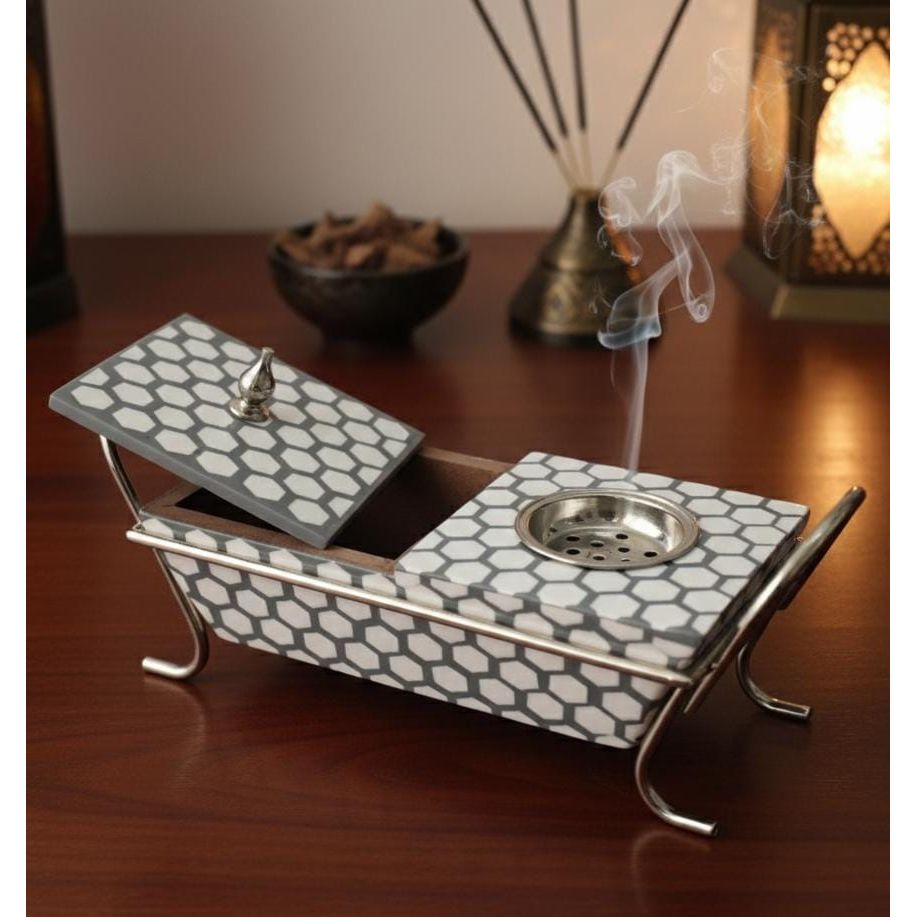 AKDC Wooden Incense Burner with Container & Metal Stand 34x15 cm – White & Gray Modern Handcrafted Aroma Diffuser for Home & Office - Al Kabayel Discount CentreAKDC Wooden Incense Burner with Container & Metal Stand 34x15 cm – White & Gray Modern Handcrafted Aroma Diffuser for Home & OfficeWooden Incense BurnerAKDCAl Kabayel Discount Centre