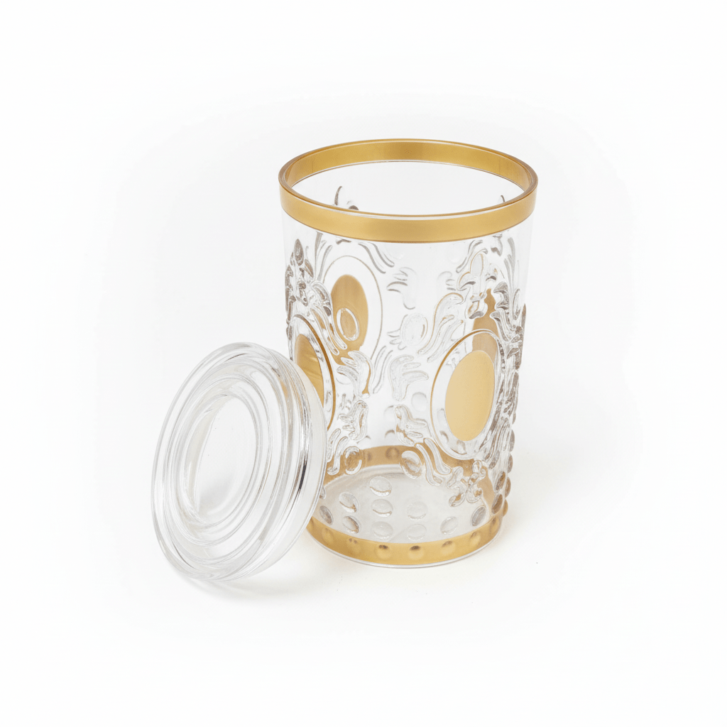 Alhoora Luxury Round Airtight Acrylic Storage Canister – Transparent Body with Elegant Golden Decorative Design, 1000 ml - Al Kabayel Discount CentreAlhoora Luxury Round Airtight Acrylic Storage Canister – Transparent Body with Elegant Golden Decorative Design, 1000 mlJars & Food SaversALHOORAAl Kabayel Discount Centre