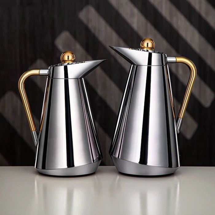 Almarjan 2 Pcs Royal Vacuum Flask Set (0.7 / 1 LTR )– Silver with Gold Premium Accents (CC95) - Al Kabayel Discount CentreAlmarjan 2 Pcs Royal Vacuum Flask Set (0.7 / 1 LTR )– Silver with Gold Premium Accents (CC95)ThermosALMARJANAl Kabayel Discount Centre