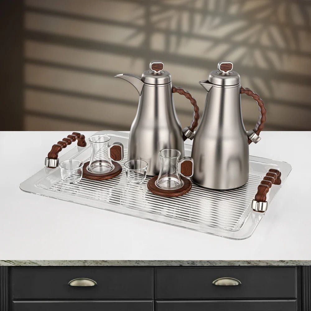Almarjan 21 Pieces Tea & Coffee Set, Matt Nickel & Dark Wood - Al Kabayel Discount CentreAlmarjan 21 Pieces Tea & Coffee Set, Matt Nickel & Dark WoodTea SetsALMARJANAl Kabayel Discount Centre