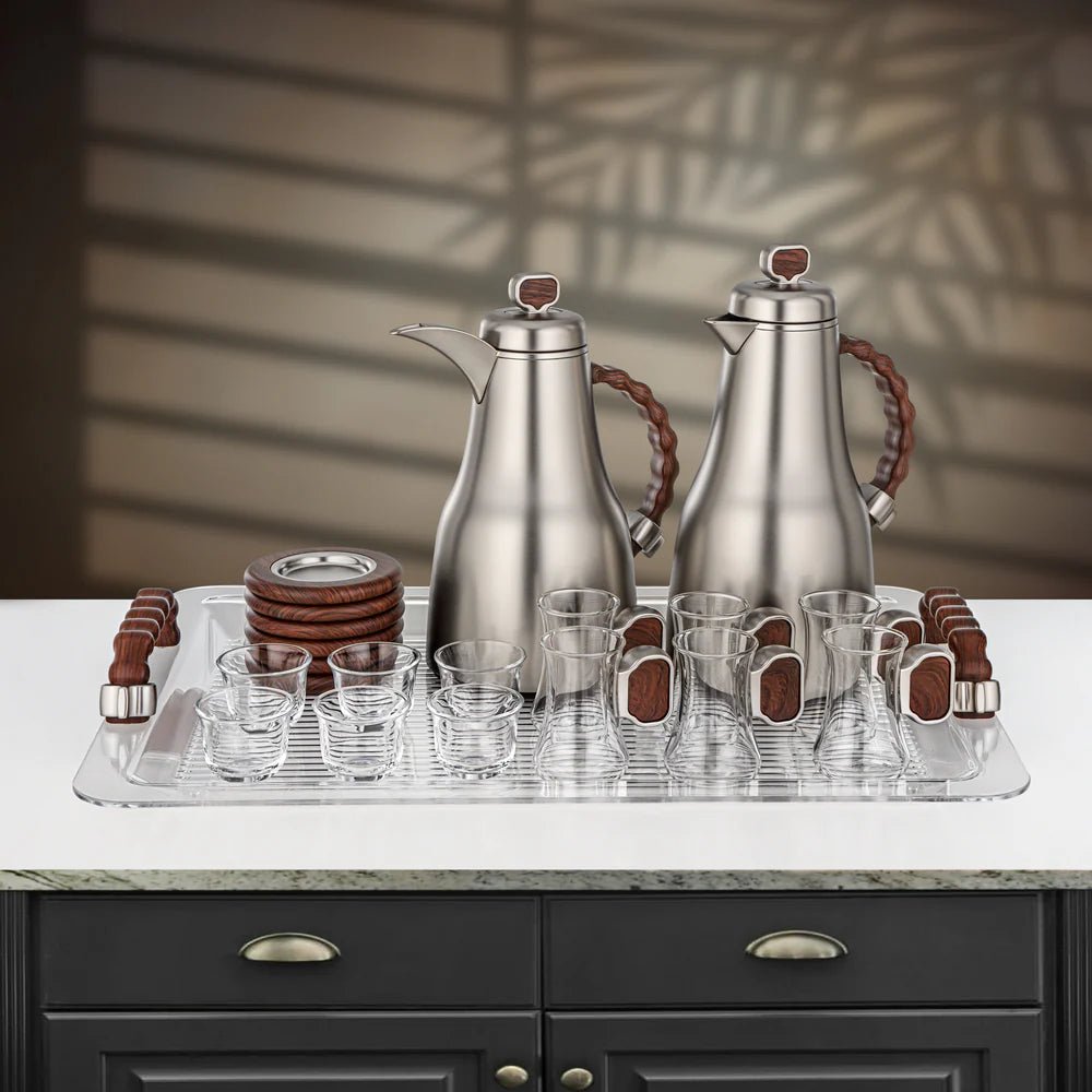 Almarjan 21 Pieces Tea & Coffee Set, Matt Nickel & Dark Wood - Al Kabayel Discount CentreAlmarjan 21 Pieces Tea & Coffee Set, Matt Nickel & Dark WoodTea SetsALMARJANAl Kabayel Discount Centre