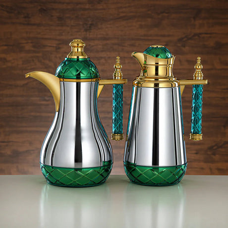 Almarjan 2pcs Vaccum Flask 0.7L+1L, Keeps Tea & Coffee Hot & Cold for 8hr, White/Green/Gold, Push Button, Acrylic Handle - Al Kabayel Discount CentreAlmarjan 2pcs Vaccum Flask 0.7L+1L, Keeps Tea & Coffee Hot & Cold for 8hr, White/Green/Gold, Push Button, Acrylic HandleThermosALMARJANAl Kabayel Discount Centre