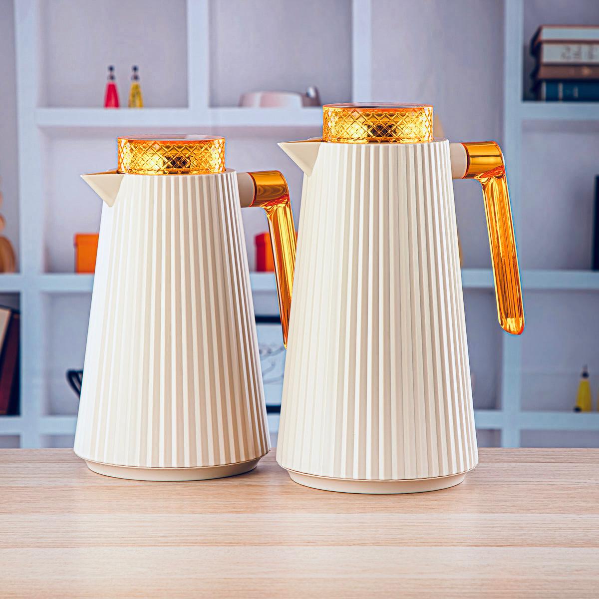 Almarjan 2pcs Vaccum Flask 1L+1.3L, Keeps Tea & Coffee Hot & Cold for 8hr, White/Orange - Al Kabayel Discount CentreAlmarjan 2pcs Vaccum Flask 1L+1.3L, Keeps Tea & Coffee Hot & Cold for 8hr, White/OrangeThermosALMARJANAl Kabayel Discount Centre