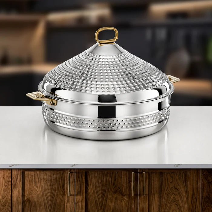 Almarjan Abeer Stainless Steel Hot Pot 35cm – Silver & Gold Elegant Serving Edition - Al Kabayel Discount CentreAlmarjan Abeer Stainless Steel Hot Pot 35cm – Silver & Gold Elegant Serving EditionCasserolesALMARJANAl Kabayel Discount Centre