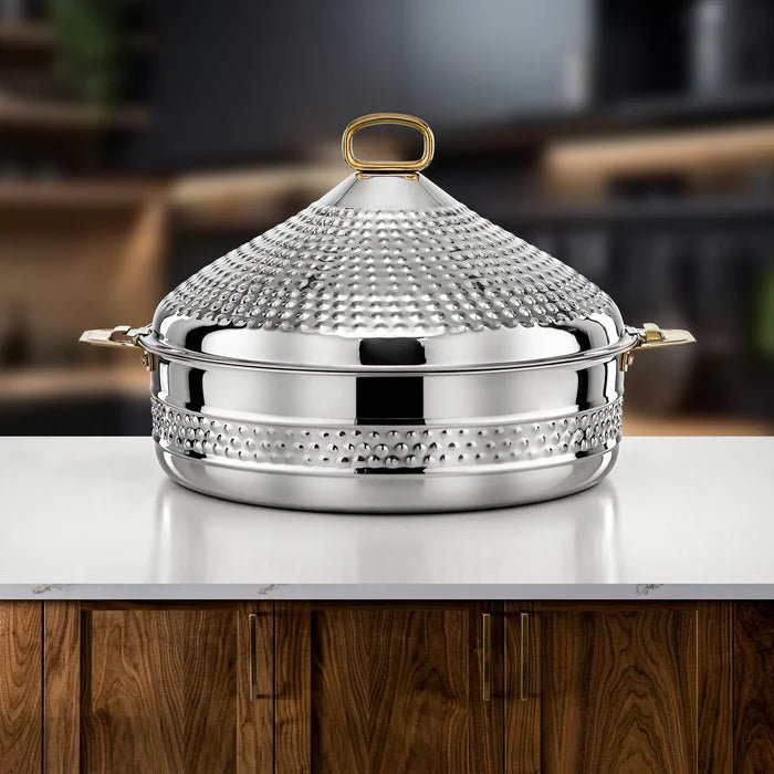 Almarjan Abeer Stainless Steel Hot Pot 35cm – Silver & Gold Elegant Serving Edition - Al Kabayel Discount CentreAlmarjan Abeer Stainless Steel Hot Pot 35cm – Silver & Gold Elegant Serving EditionCasserolesALMARJANAl Kabayel Discount Centre