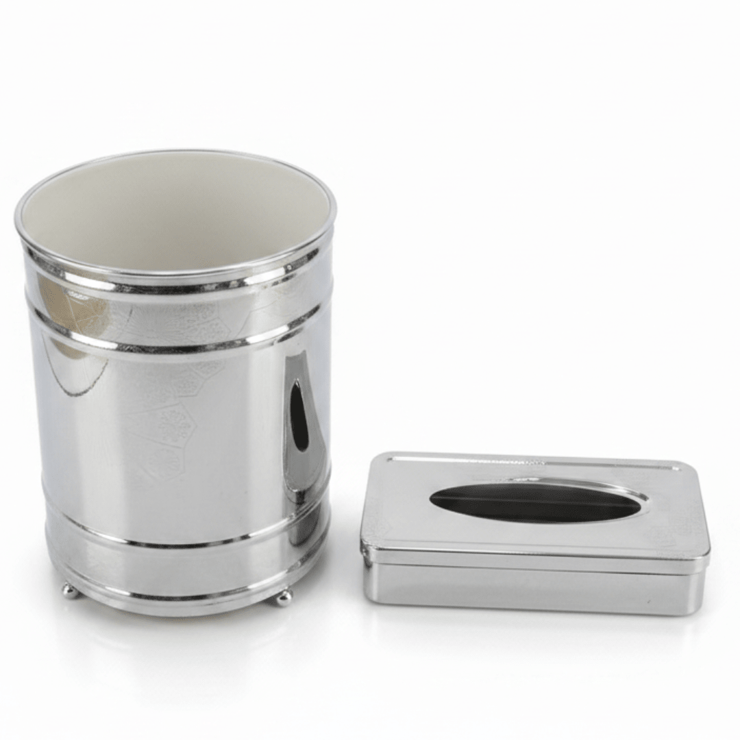 Almarjan Acrylic Dustbin with Silver Base and Tissue Box Combo – Modern Utility Set – 28 × 21 cm & 26 × 13 cm - Al Kabayel Discount CentreAlmarjan Acrylic Dustbin with Silver Base and Tissue Box Combo – Modern Utility Set – 28 × 21 cm & 26 × 13 cmOrganizers & AccessoriesALMARJANAl Kabayel Discount Centre