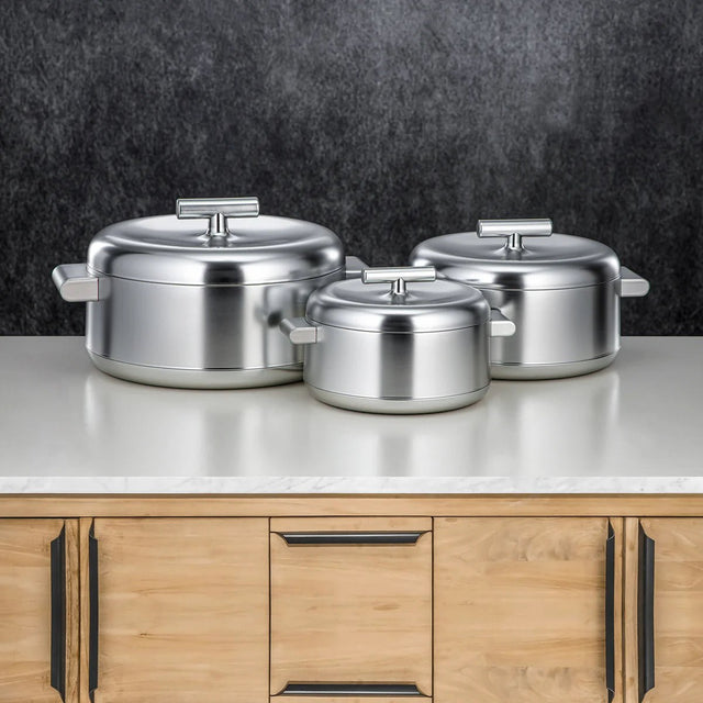 Almarjan Classic 3 - Piece Hot Pot Set – Matt Silver Finish, 1L/2.5L/3L Double - Wall Insulated Food Containers - Al Kabayel Discount CentreAlmarjan Classic 3 - Piece Hot Pot Set – Matt Silver Finish, 1L/2.5L/3L Double - Wall Insulated Food ContainersCasserolesALMARJANAl Kabayel Discount Centre