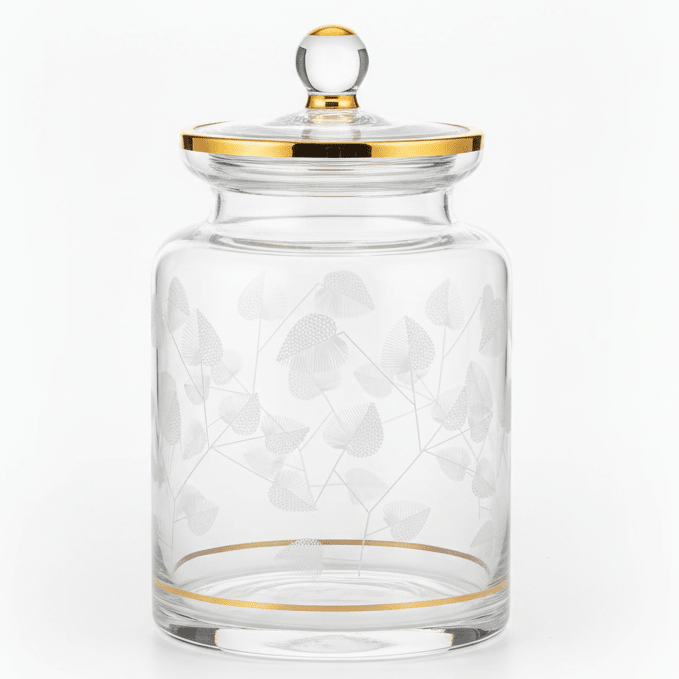 Almarjan Cylindrical Glass Candy Pot | Gold - Rimmed Botanical Elegance | 17×10cm - Al Kabayel Discount CentreAlmarjan Cylindrical Glass Candy Pot | Gold - Rimmed Botanical Elegance | 17×10cmJars & Food SaversALMARJANAl Kabayel Discount Centre