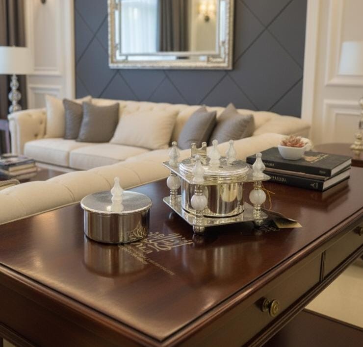 ALMARJAN Decorative Ceramic Incense Burner with Matching Incense Container – Elegant White and Silver Aroma Set for Home, Office, or Prayer Space 13x10 cm - Al Kabayel Discount CentreALMARJAN Decorative Ceramic Incense Burner with Matching Incense Container – Elegant White and Silver Aroma Set for Home, Office, or Prayer Space 13x10 cmCrystal Incense BurnerALMARJANAl Kabayel Discount Centre