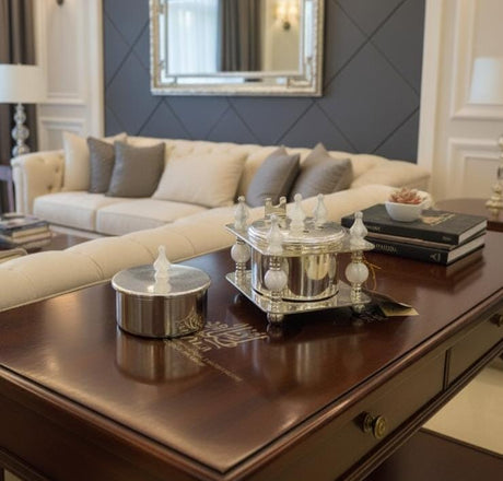 ALMARJAN Decorative Ceramic Incense Burner with Matching Incense Container – Elegant White and Silver Aroma Set for Home, Office, or Prayer Space 13x10 cm - Al Kabayel Discount CentreALMARJAN Decorative Ceramic Incense Burner with Matching Incense Container – Elegant White and Silver Aroma Set for Home, Office, or Prayer Space 13x10 cmCrystal Incense BurnerALMARJANAl Kabayel Discount Centre