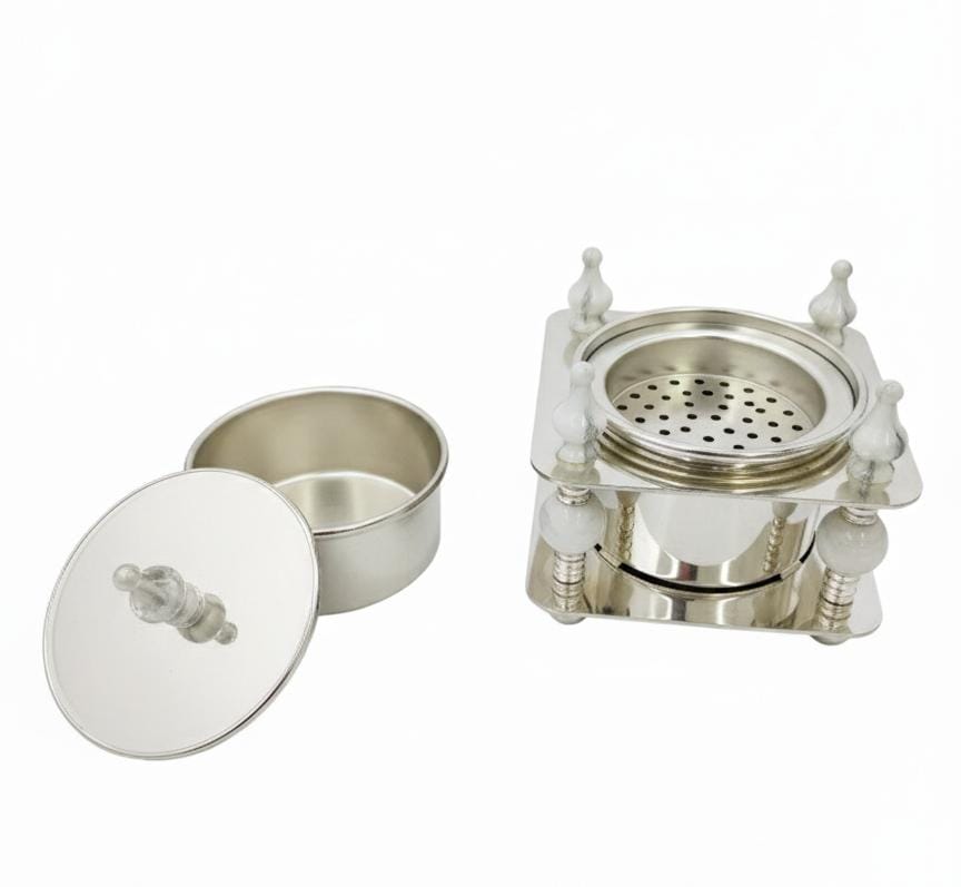 ALMARJAN Decorative Ceramic Incense Burner with Matching Incense Container – Elegant White and Silver Aroma Set for Home, Office, or Prayer Space 13x10 cm - Al Kabayel Discount CentreALMARJAN Decorative Ceramic Incense Burner with Matching Incense Container – Elegant White and Silver Aroma Set for Home, Office, or Prayer Space 13x10 cmCrystal Incense BurnerALMARJANAl Kabayel Discount Centre