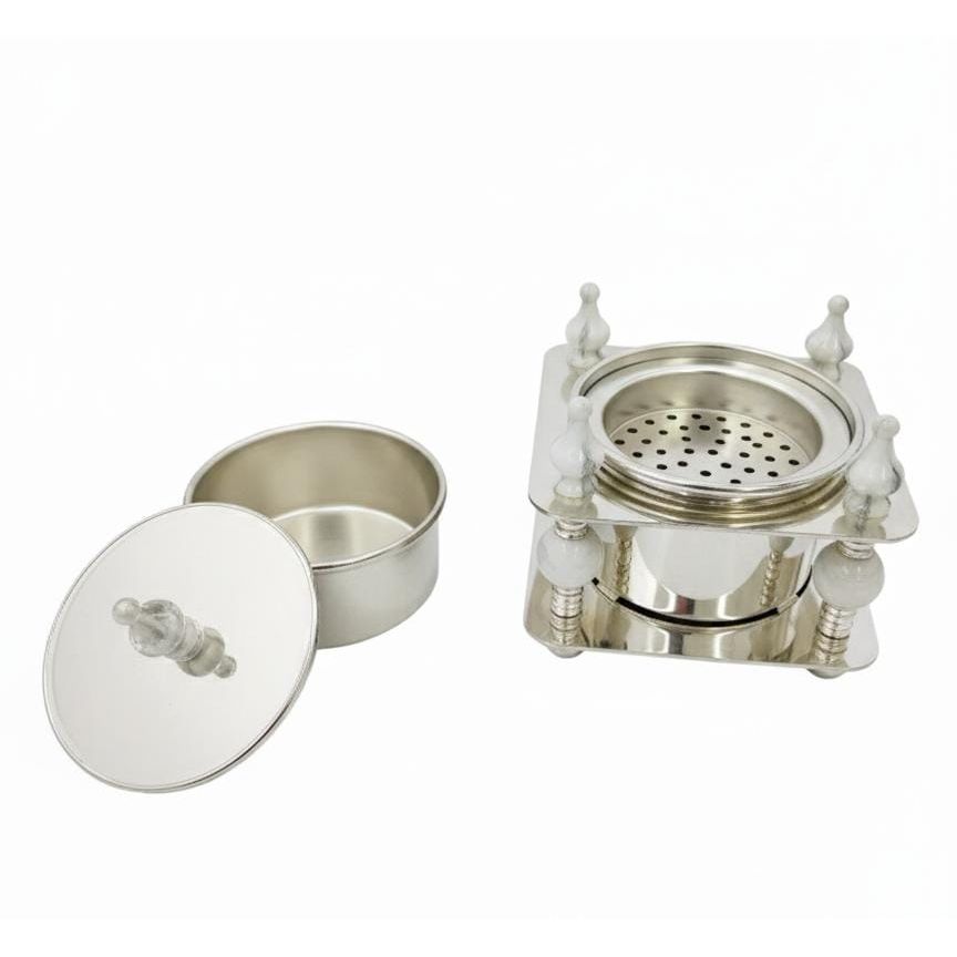 ALMARJAN Decorative Ceramic Incense Burner with Matching Incense Container – Elegant White and Silver Aroma Set for Home, Office, or Prayer Space 13x10 cm - Al Kabayel Discount CentreALMARJAN Decorative Ceramic Incense Burner with Matching Incense Container – Elegant White and Silver Aroma Set for Home, Office, or Prayer Space 13x10 cmCrystal Incense BurnerALMARJANAl Kabayel Discount Centre