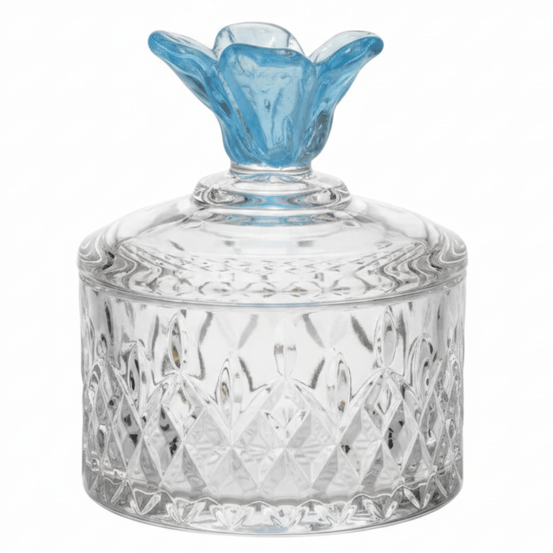 Almarjan Decorative Diamond - Cut Glass Candy Bowl with Blue Flower Design Lid for Gifting & Serving – 10 × 10 cm - Al Kabayel Discount CentreAlmarjan Decorative Diamond - Cut Glass Candy Bowl with Blue Flower Design Lid for Gifting & Serving – 10 × 10 cmJars & Food SaversALMARJANAl Kabayel Discount Centre