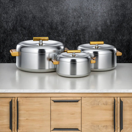 Almarjan Deluxe 3 - Piece Hot Pot Set – Matt Silver & Gold Finish, Premium Thermal Casserole Collection - Al Kabayel Discount CentreAlmarjan Deluxe 3 - Piece Hot Pot Set – Matt Silver & Gold Finish, Premium Thermal Casserole CollectionCasserolesALMARJANAl Kabayel Discount Centre