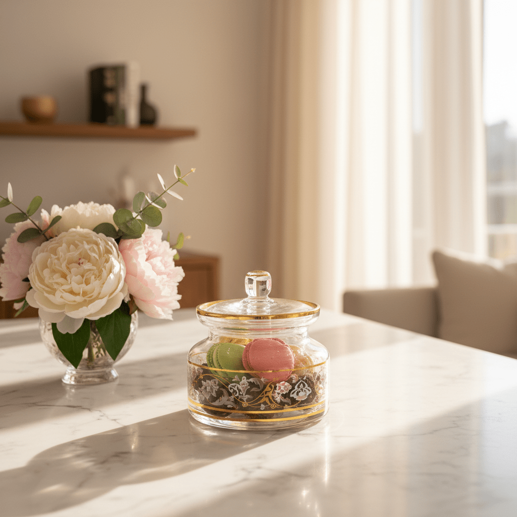 Almarjan Elegant Floral Glass Candy Pot | Gold - Rimmed Lidded Jar | 12×10cm - Al Kabayel Discount CentreAlmarjan Elegant Floral Glass Candy Pot | Gold - Rimmed Lidded Jar | 12×10cmJars & Food SaversALMARJANAl Kabayel Discount Centre