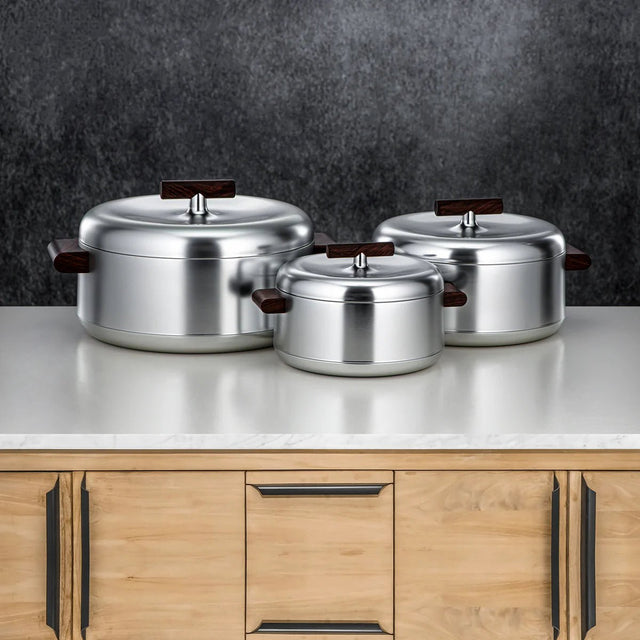 Almarjan Elegant Hot Pot Set of 3 – Matt Silver with Dark Wood Design, 1L + 2.5L + 3L Food Serving Pots - Al Kabayel Discount CentreAlmarjan Elegant Hot Pot Set of 3 – Matt Silver with Dark Wood Design, 1L + 2.5L + 3L Food Serving PotsCasserolesALMARJANAl Kabayel Discount Centre