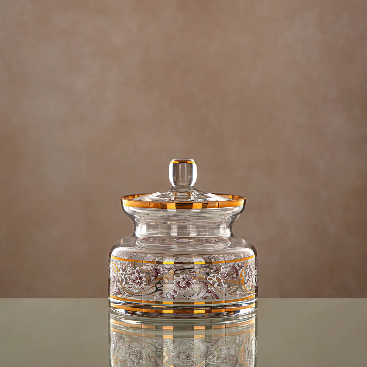 Almarjan Glass Candy Pot with Lid 450ml, Clear & Golden Pattern - Al Kabayel Discount CentreAlmarjan Glass Candy Pot with Lid 450ml, Clear & Golden PatternJars & Food SaversALMARJANAl Kabayel Discount Centre