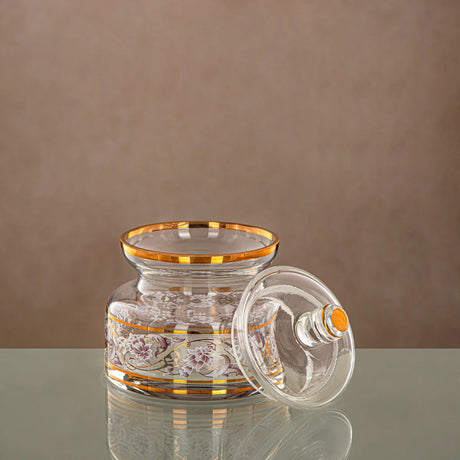 Almarjan Glass Candy Pot with Lid 450ml, Clear & Golden Pattern - Al Kabayel Discount CentreAlmarjan Glass Candy Pot with Lid 450ml, Clear & Golden PatternJars & Food SaversALMARJANAl Kabayel Discount Centre