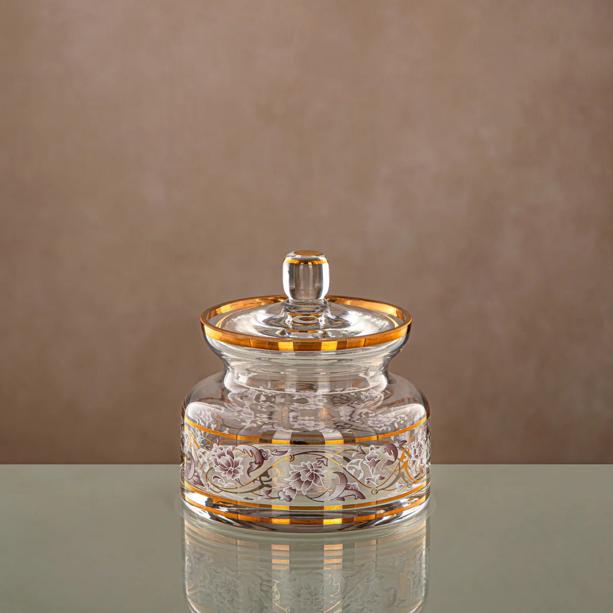 Almarjan Glass Candy Pot with Lid 450ml, Clear & Golden Pattern - Al Kabayel Discount CentreAlmarjan Glass Candy Pot with Lid 450ml, Clear & Golden PatternJars & Food SaversALMARJANAl Kabayel Discount Centre