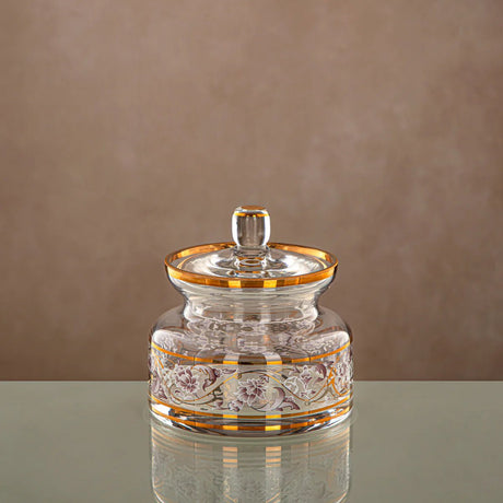 Almarjan Glass Candy Pot with Lid 450ml, Clear & Golden Pattern - Al Kabayel Discount CentreAlmarjan Glass Candy Pot with Lid 450ml, Clear & Golden PatternJars & Food SaversALMARJANAl Kabayel Discount Centre