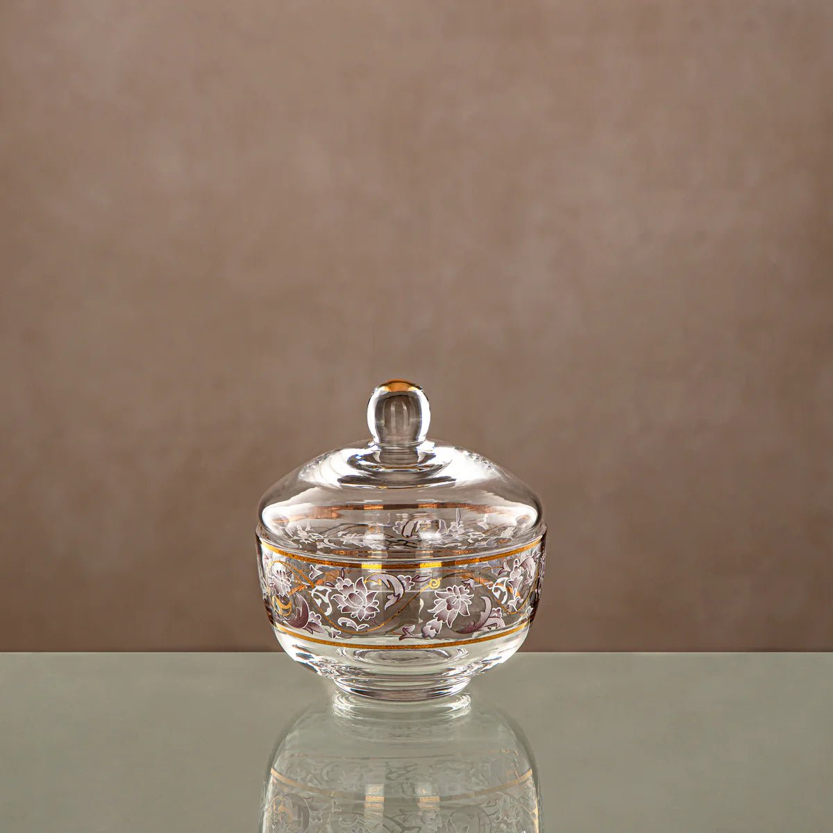 Almarjan Glass Sugar Pot with Lid 200ml, Clear & Golden Pattern - Al Kabayel Discount CentreAlmarjan Glass Sugar Pot with Lid 200ml, Clear & Golden PatternJars & Food SaversALMARJANAl Kabayel Discount Centre