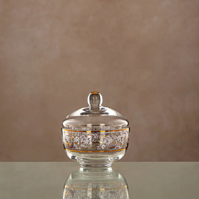 Almarjan Glass Sugar Pot with Lid 200ml, Clear & Golden Pattern - Al Kabayel Discount CentreAlmarjan Glass Sugar Pot with Lid 200ml, Clear & Golden PatternJars & Food SaversALMARJANAl Kabayel Discount Centre